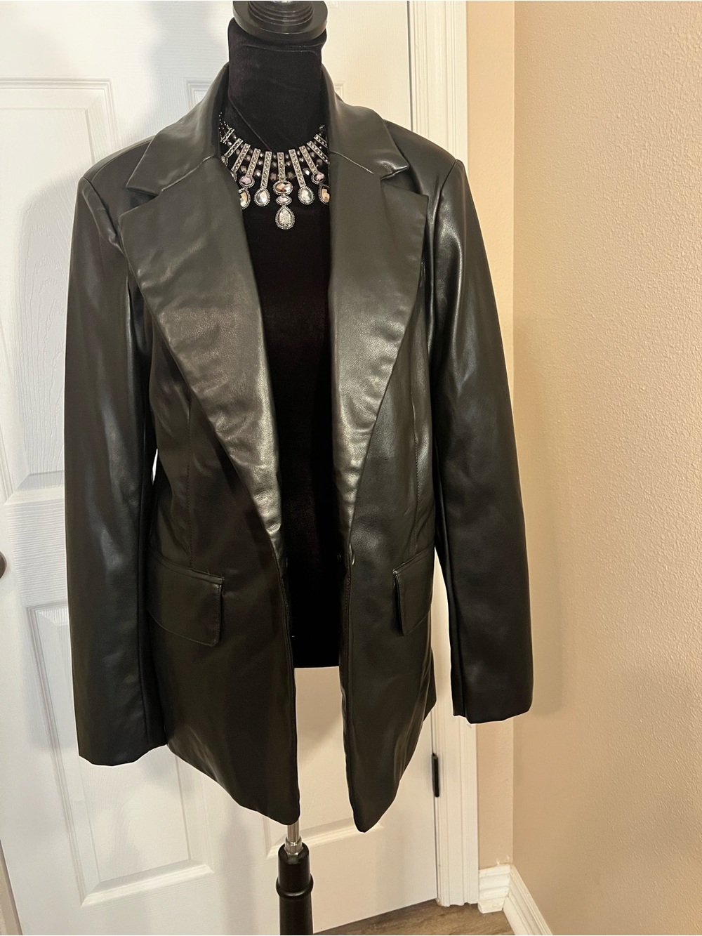 Women’s Black Faux Leather Blazer Jacket